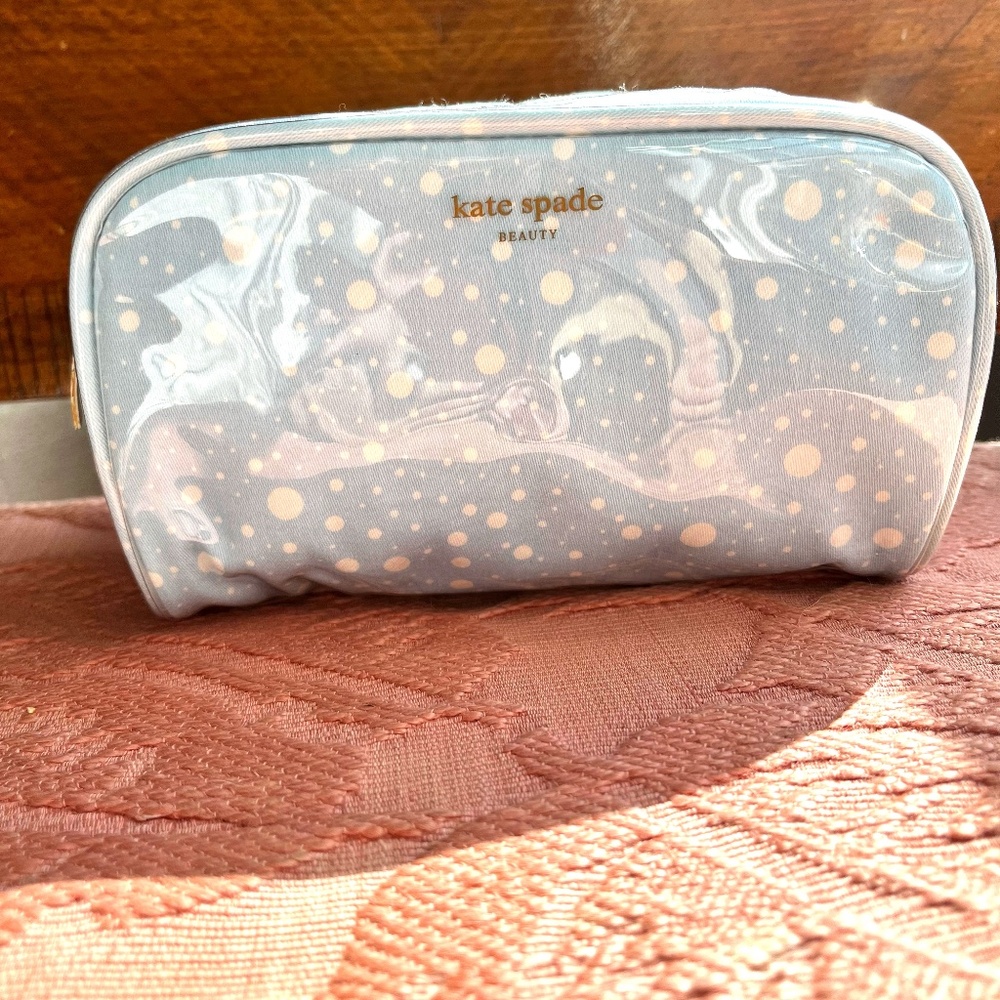 Kate Spade Light Blue With White Polka Dots  Pattern Cosmetic Bag Covered In Pla